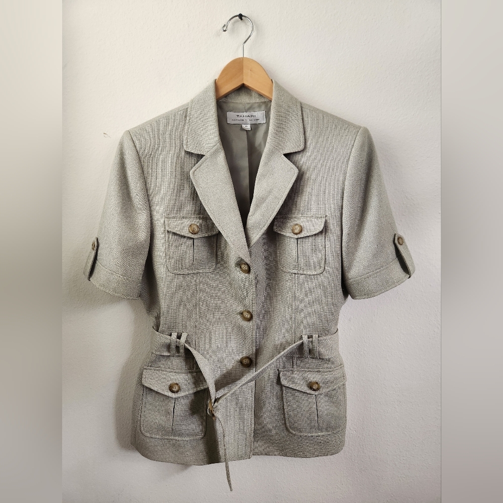 Vintage Tahari ASL Women's Short Sleeve Safari Jacket Belted Sage Green Size 14